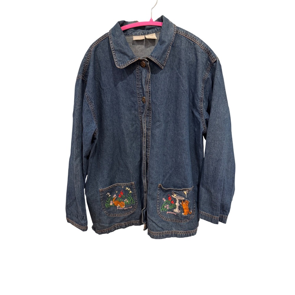 Vintage Blair Denim Shirt Jacket Embroidered Cat Garden Blue Cotton Large